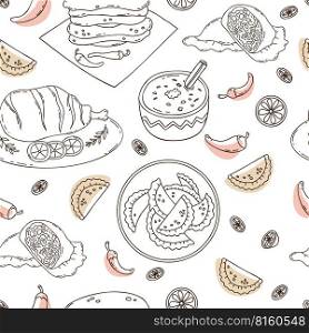 Seamless pattern with Mexican Empanadas, tortillas with chili peppers, grilled meat and rice pudding with cinnamon stick on white background. Vector illustration latin american food in doodle style