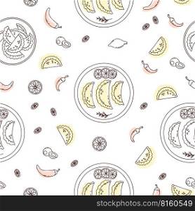 Seamless pattern with Mexican Empanadas with on white background. Vector illustration latin american food in linear doodle style for wallpaper, packaging, textile.