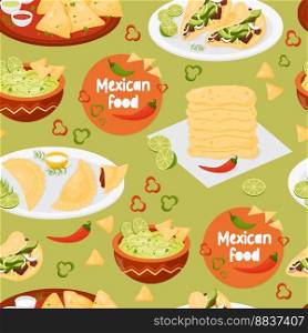 Seamless pattern with Mexican food on green background with traditional dishes and products. Vector illustration. Endless background with national latin american cuisine