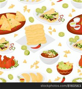 Seamless pattern with Mexican food Taco, Quesadilla, guacamole, Empanadas, Tomato Soup on white background. Vector illustration. Cute endless background with national latin american cuisine.