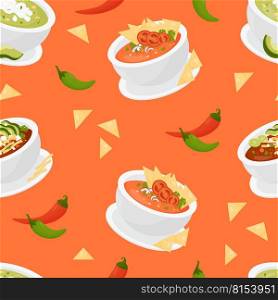 Seamless pattern with Mexican soups. Traditional Tomato Soup with tortilla chips and green soup with avocado on orange background with chili peppers. Vector endless background with latin american food
