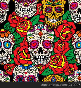 Seamless pattern with mexican sugar skulls and roses. Design element for poster, card, banner, clothes decoration. Vector illustration