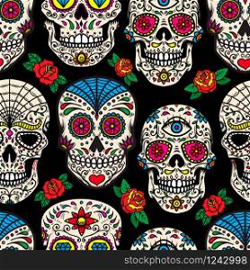 Seamless pattern with mexican sugar skulls and roses. Design element for poster, card, banner, clothes decoration. Vector illustration