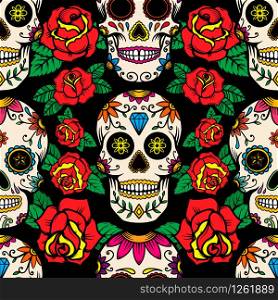 Seamless pattern with mexican sugar skulls and roses. Design element for poster, card, banner, clothes decoration. Vector illustration