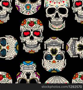 Seamless pattern with mexican sugar skulls. Design element for poster, card, banner, clothes decoration. Vector illustration