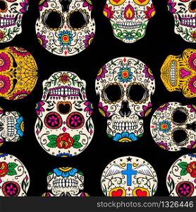 Seamless pattern with mexican sugar skulls. Design element for poster, card, banner, clothes decoration. Vector illustration