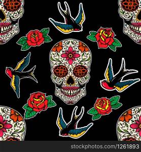 Seamless pattern with mexican sugar skulls, roses and swallows. Design element for poster, card, banner, clothes decoration. Vector illustration