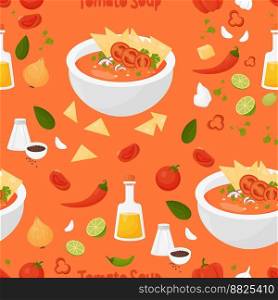Seamless pattern with Mexican Tomato Soup on orange background with products and vegetables. Vector illustration