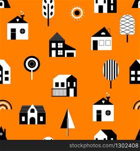 Seamless pattern with modern houses. Vector background with various shapes of buildings. Can be used for wallpaper, packaging, textile.
