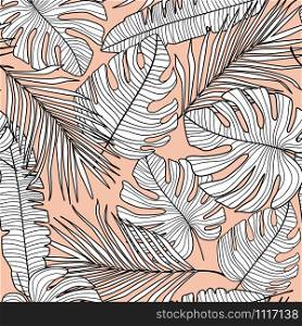 Seamless pattern with modern monstera line leaves. Tropical pattern, botanical leaf wallpaper. Exotic design for fabric, textile print, wrapping paper. Vector illustration. Seamless pattern with modern monstera line leaves. Tropical pattern, botanical leaf wallpaper
