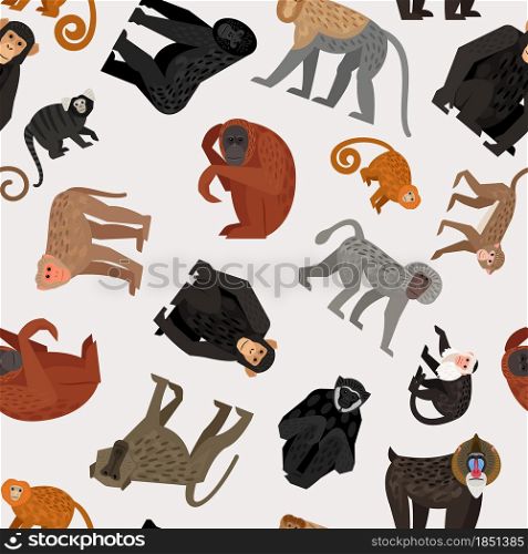 Seamless pattern with monkeys on gray background