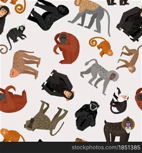 Seamless pattern with monkeys on gray background