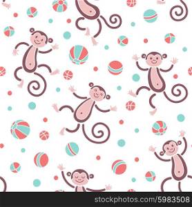 Seamless pattern with monkeys playing in balls. Vector illustration.. Funny monkeys and balls. Seamless pattern with monkeys playing in balls. Vector illustration.