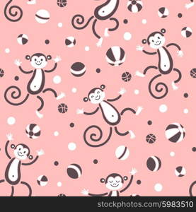 Seamless pattern with monkeys playing in balls. Vector illustration.. Funny monkeys and balls. Seamless pattern with monkeys playing in balls. Vector illustration.