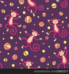 Seamless pattern with monkeys playing in balls. Vector illustration.. Funny monkeys and balls. Seamless pattern with monkeys playing in balls. Vector illustration.