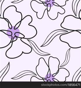 Seamless pattern with monoline flowers and sheets, vector illustration. Continuous lilac delicate floral background. Minimalistic pattern for wallpaper and packaging design.