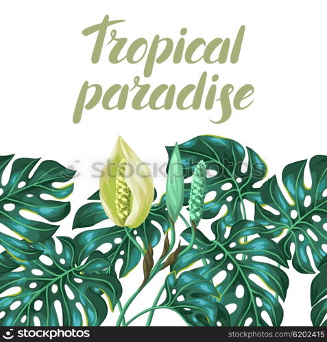 Seamless pattern with monstera leaves. Decorative image of tropical foliage and flower. Background made without clipping mask. Easy to use for backdrop, textile, wrapping paper.