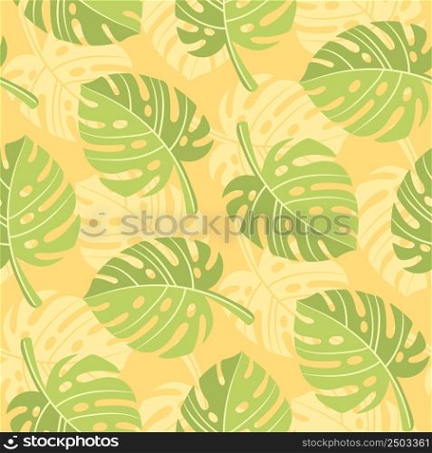 Seamless pattern with monstera leaves for textile design. Summer background in bright colors. Hand-drawn trendy vector illustration.