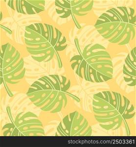 Seamless pattern with monstera leaves for textile design. Summer background in bright colors. Hand-drawn trendy vector illustration.
