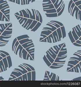 Seamless pattern with monstera leaves on blue background. Philodendron plant. Tropical pattern, botanical leaf wallpaper. Exotic design for fabric, textile print, wrapping paper. Vector illustration. Seamless pattern with monstera leaves on blue background. Philodendron plant.