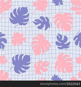 Seamless pattern with monstera leaves on grid distorted background. Hippie aesthetic print for fabric, paper, T-shirt. Groovy vector illustration for decor and design.