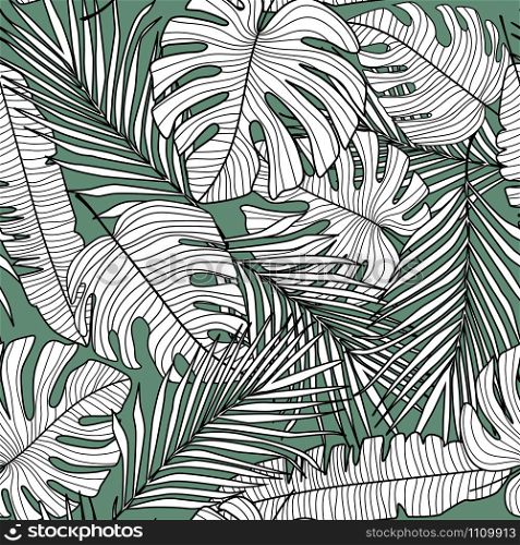Seamless pattern with monstera line leaves on green background. Tropical pattern, botanical leaf wallpaper. Simple design for fabric, textile print, wrapping paper. Vector illustration. Seamless pattern with monstera line leaves on green background.