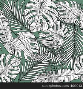 Seamless pattern with monstera line leaves on green background. Tropical pattern, botanical leaf wallpaper. Simple design for fabric, textile print, wrapping paper. Vector illustration. Seamless pattern with monstera line leaves on green background.