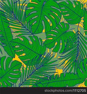 Seamless pattern with monstera line leaves. Tropical pattern, botanical leaf wallpaper. Exotic design for fabric, textile print, wrapping paper. Vector illustration. Seamless pattern with monstera line leaves. Tropical pattern, botanical leaf wallpaper.