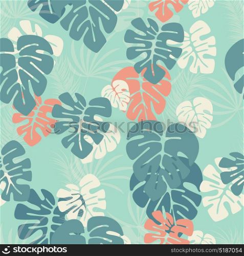 Seamless pattern with monstera palm leaves and plants on blue background, vector illustration