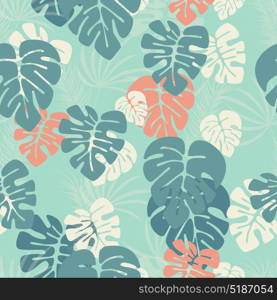 Seamless pattern with monstera palm leaves and plants on blue background, vector illustration