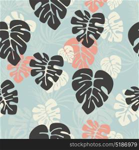 Seamless pattern with monstera palm leaves and plants on dark background, vector illustration