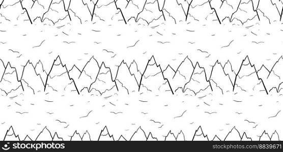 Seamless pattern with mountains line art. Black, white birds and mountain peaks. Vector illustration. Design for cover, books, brochures, templates, web, banner, fabric for textile, craft and papers.. Seamless pattern with mountains line art. Black, white birds and mountain peaks. Vector illustration