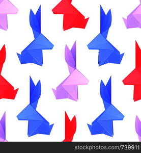 Seamless pattern with multicolored paper origami rabbits on white background. Paper Zoo. Vector texture with hares for wrapping, textile and for your creativity. Seamless pattern with multicolored paper origami rabbits on white background. Paper Zoo. Vector texture