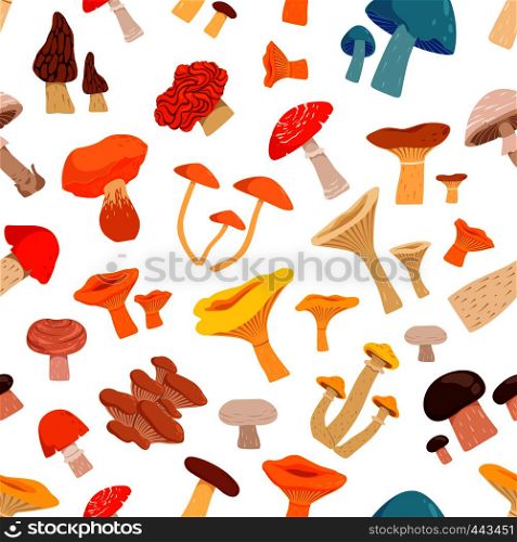 Seamless pattern with mushrooms. Cartoon pictures isolate on white background. Forest mushroom autumn, vector illustration. Seamless pattern with mushrooms. Cartoon pictures isolate on white background