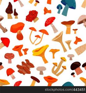 Seamless pattern with mushrooms. Cartoon pictures isolate on white background. Forest mushroom autumn, vector illustration. Seamless pattern with mushrooms. Cartoon pictures isolate on white background