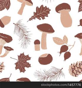 Seamless pattern with mushrooms; leaves and forest items on white background.. autumn seamless pattern