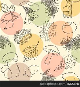 Seamless pattern with mushrooms, leaves and forest items on white background.. forest seamless pattern