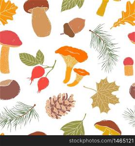 Seamless pattern with mushrooms, leaves and forest items on white background.. forest seamless pattern