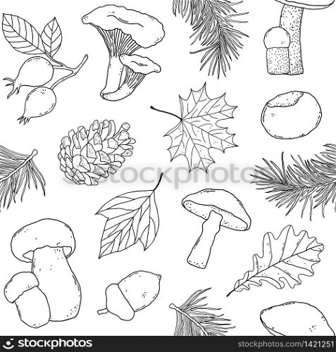 Seamless pattern with mushrooms, leaves and forest items on white background. . pattern with forest items