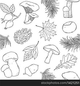 Seamless pattern with mushrooms, leaves and forest items on white background. . pattern with forest items