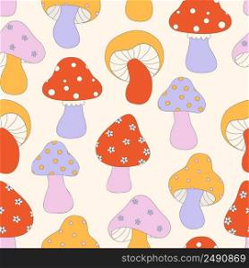 Seamless pattern with mushrooms Pop Color Style Flat Design 70s. Cool trendy retro of hipster retro cool psychedelic elements. Trend vector illustration.. Seamless pattern with mushrooms Pop Color Style Flat Design 70s. Cool trendy retro of hipster retro cool psychedelic elements. Trend vector illustration