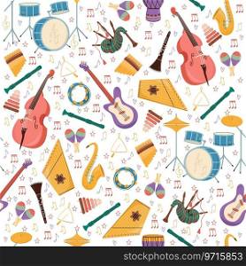 Seamless pattern with musical instruments. Orchestra accessory. Violin and drums. Decor textile, wrapping paper, wallpaper design. Print for fabric. Cartoon flat isolated illustration. Vector concept. Seamless pattern with musical instruments. Orchestra accessory. Violin and drums. Decor textile, wrapping paper, wallpaper design. Print for fabric. Cartoon flat isolated vector concept