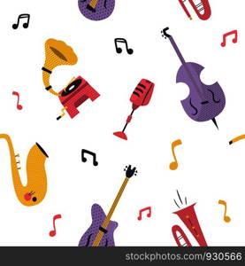 Seamless pattern with musical instruments saxophone, guitar, contrabass, trumpet. Seamless pattern with musical instruments, devices