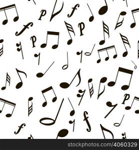 Seamless pattern with musical notes and signs of black color on a white background, for printing or website design. Music seamless. Seamless pattern musical notes