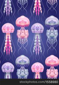 Seamless pattern with Neon jellyfish in depth. Marine residents. Vector texture for fabrics, wallpapers and your creativity. Seamless pattern with Neon jellyfish in depth. Marine residents. Vector texture