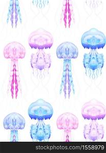 Seamless pattern with Neon jellyfish on white background. Marine residents. Vector texture for fabrics, wallpapers and your creativity. Seamless pattern with Neon jellyfish on white background. Marine residents. Vector texture