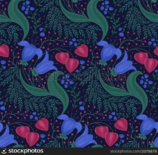 Seamless pattern with night flowers, berries on twigs and physalis. Floral ornament on dark blue background. Vector natural texture with bouquets with hand drawn decoration for fabrics and wallpapers. Seamless pattern with night flowers, berries on twigs and physalis. Floral ornament on dark blue background. Vector natural texture with bouquets with hand drawn decoration