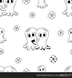 Seamless pattern with octopuses in love with hearts on white background with flowers. Vector illustration in doodle style. Endless background for valentines, wallpapers, packaging, print
