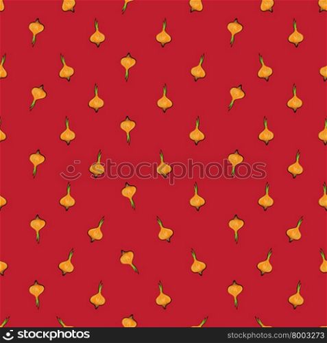 Seamless pattern with onions, sparse composition over a red background