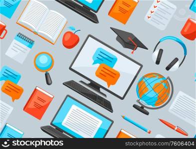 Seamless pattern with online studying at home items. Distance education. Modern technologies using computer and internet.. Seamless pattern with online studying at home items. Distance education.
